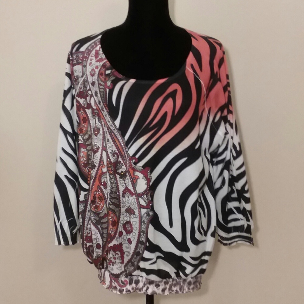 Chico's Tiger Animal Embellished Print Top Size 2
